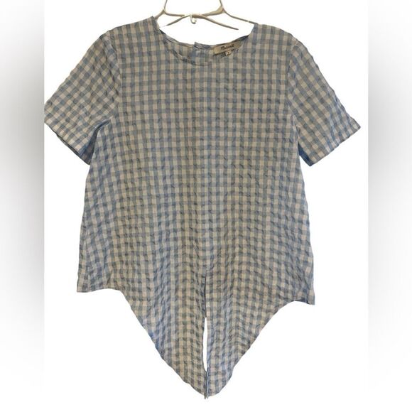 Madewell Button-Back Tie Front Short Sleeve Blue & White Gingham Check Blouse S - Picture 4 of 13